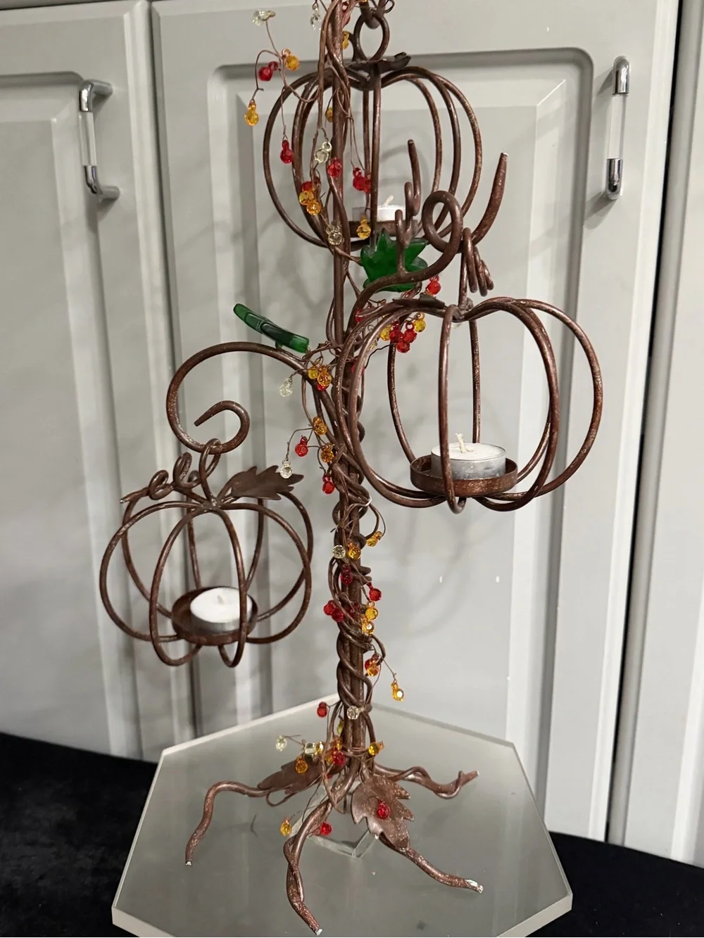 Pottery Barn Rustic Metal Bronze Brown Twig Branch 3 Pumpkins Tealight Holder